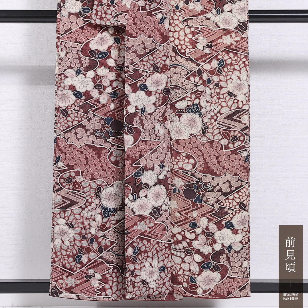 小紋 袷 身丈156cm 裄丈63cm 正絹 Sランク インフォーマル 広衿 Mサイズ 流水 牡丹 赤系 RP 1221-11580