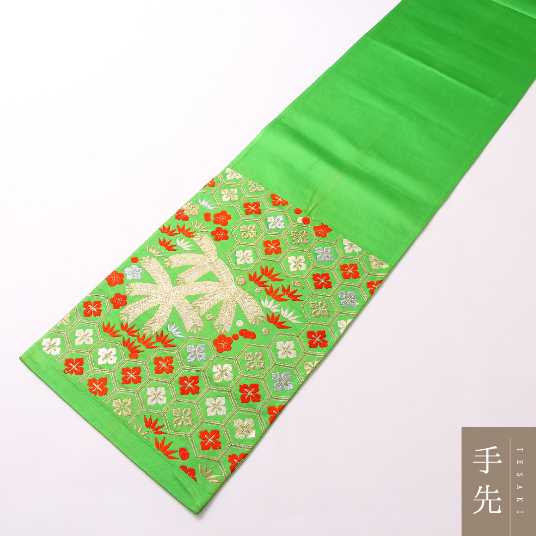 袋帯 帯丈422cm 六通 フォーマル Cランク 正絹 花菱亀甲 古典的 可愛らしい 緑系 1223-01728