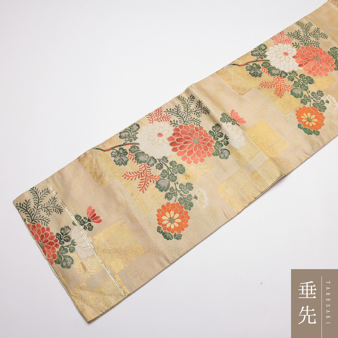 アンティーク 九寸名古屋帯 Cランク 帯丈332cm 正絹 六通 名古屋仕立て 織り 菊 ベージュ系 M4 1245-01795