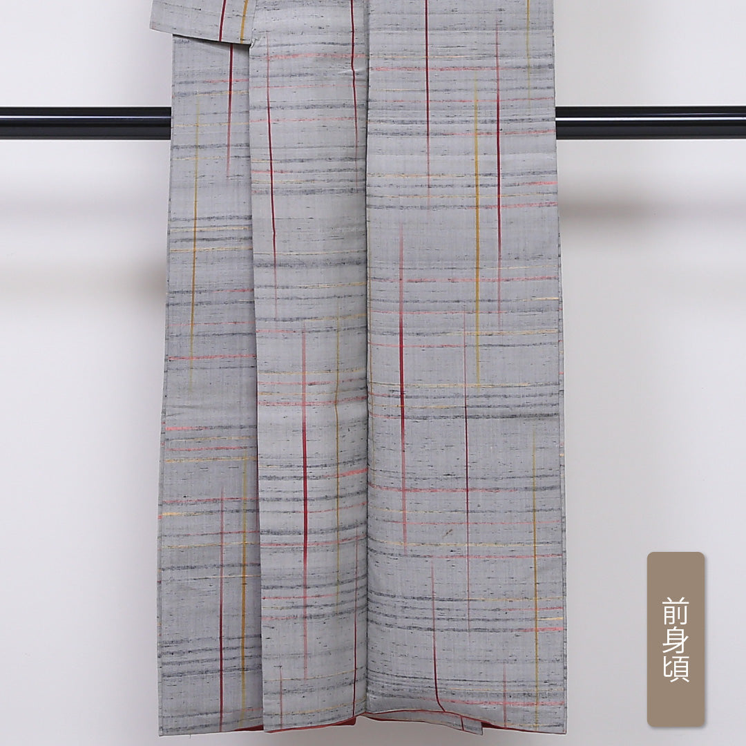 紬 袷 身丈146cm 裄63.5cm 正絹 グレー系 Sランク 格子 1216-00669-2122