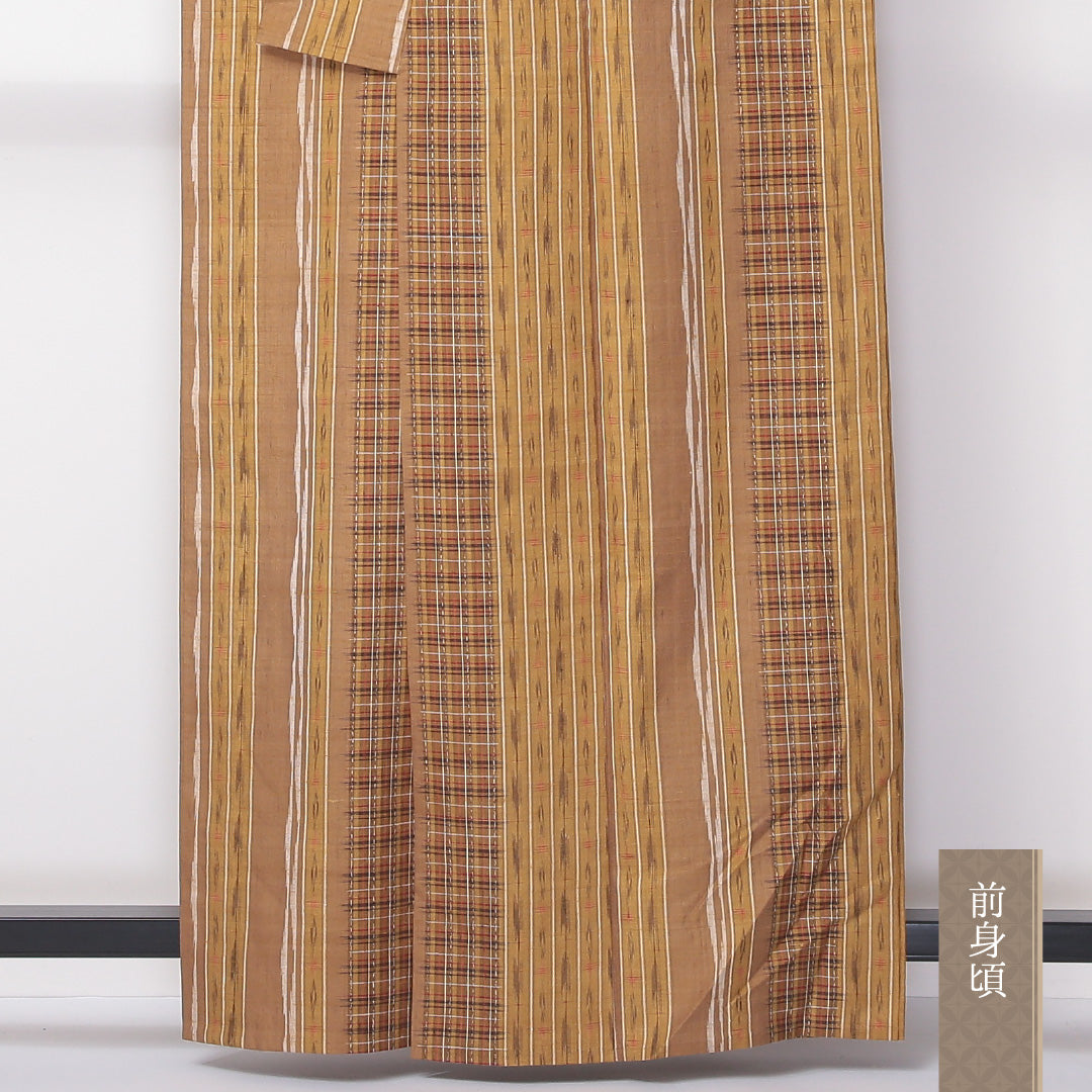 真綿紬 単衣 身丈160cm 裄丈63cm 正絹 Sランク カジュアル 広衿 Lサイズ 縞 黄系 RP 1223-03544