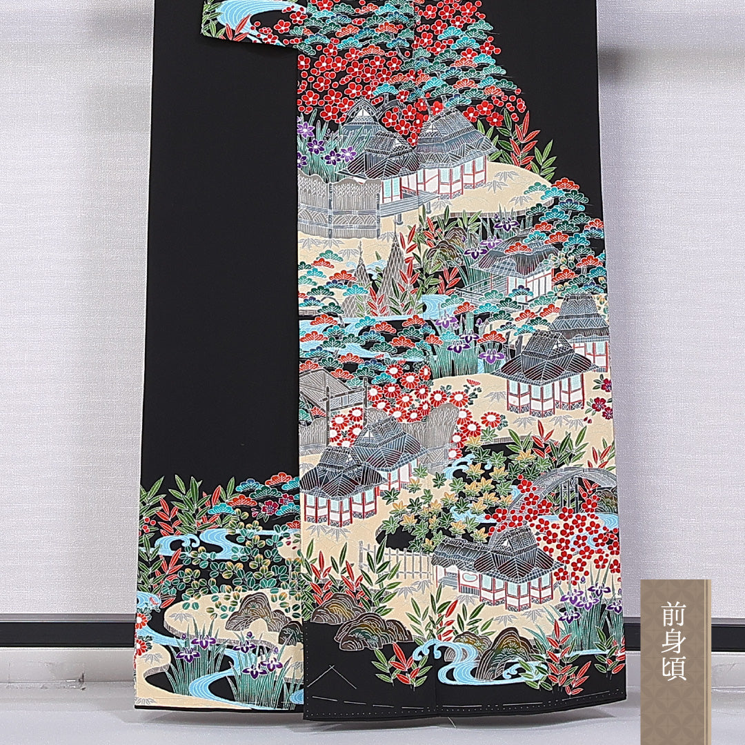 訪問着 袷 身丈160cm 裄丈62cm 正絹 Sランク セミフォーマル 広衿 Lサイズ 加賀友禅 茶屋辻 松竹梅 紅葉 黒系 PO 1217-10848