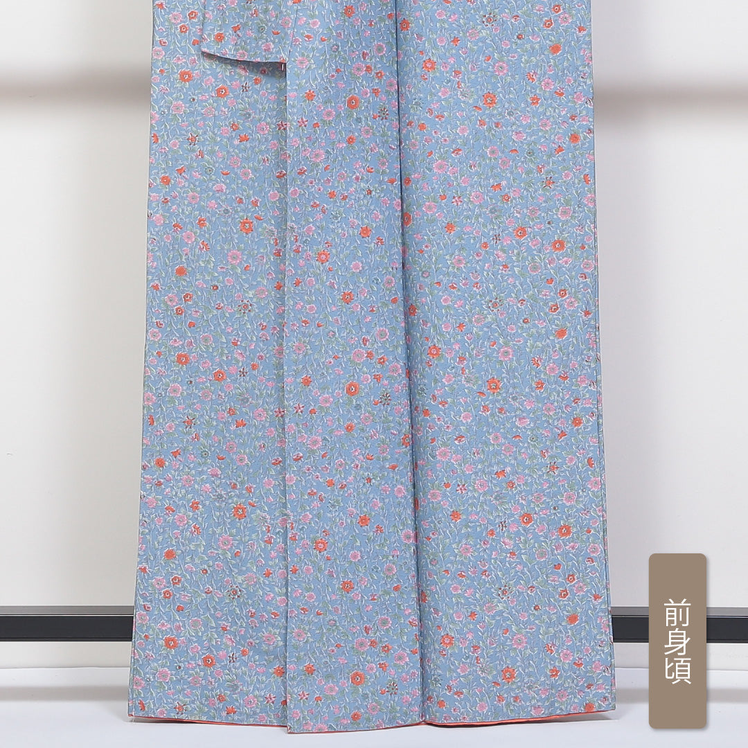 小紋 袷 身丈161cm 裄丈65cm 正絹 Sランク インフォーマル 広衿 Lサイズ 花柄 水色系 RP 1221-01738