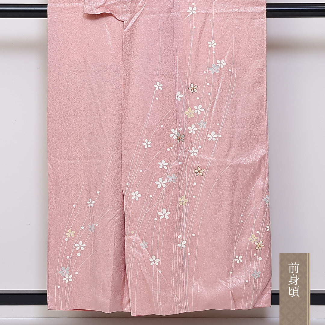訪問着 袷 身丈157cm 裄丈64cm 正絹 Sランク 紋意匠 (花柄) セミフォーマル 広衿 Mサイズ 金駒刺繍 梅 ピンク系 RP 1217-04654