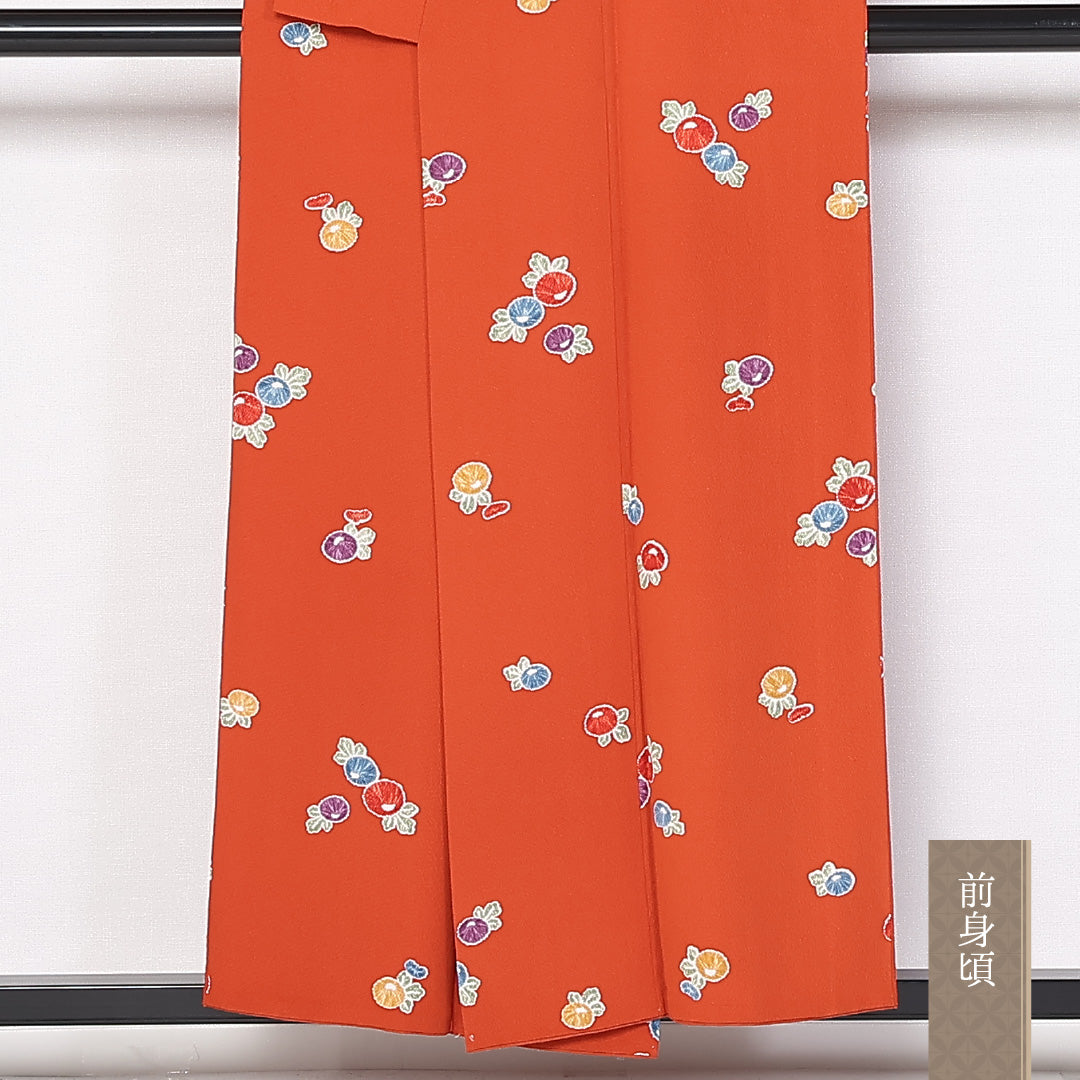 小紋 袷 身丈153cm 裄62cm 正絹 ちりめん 野菜柄 朱系 Aランク 1215-02442