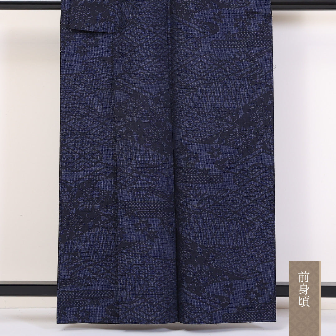 紬 単衣 身丈160cm 裄66.5cm 正絹 茶屋辻 居敷当て 紺系 Aランク 1216-01196