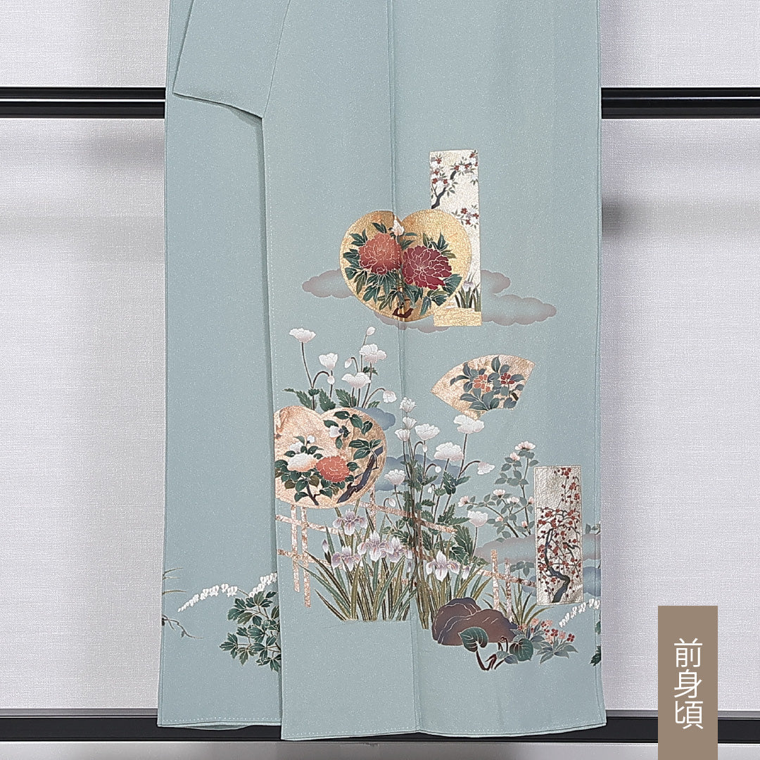 色留袖 身丈153cm 裄丈66.5cm 袷 一つ紋 三つ柏 正絹 Aランク 広衿 金箔 牡丹 桜 1211-F0415