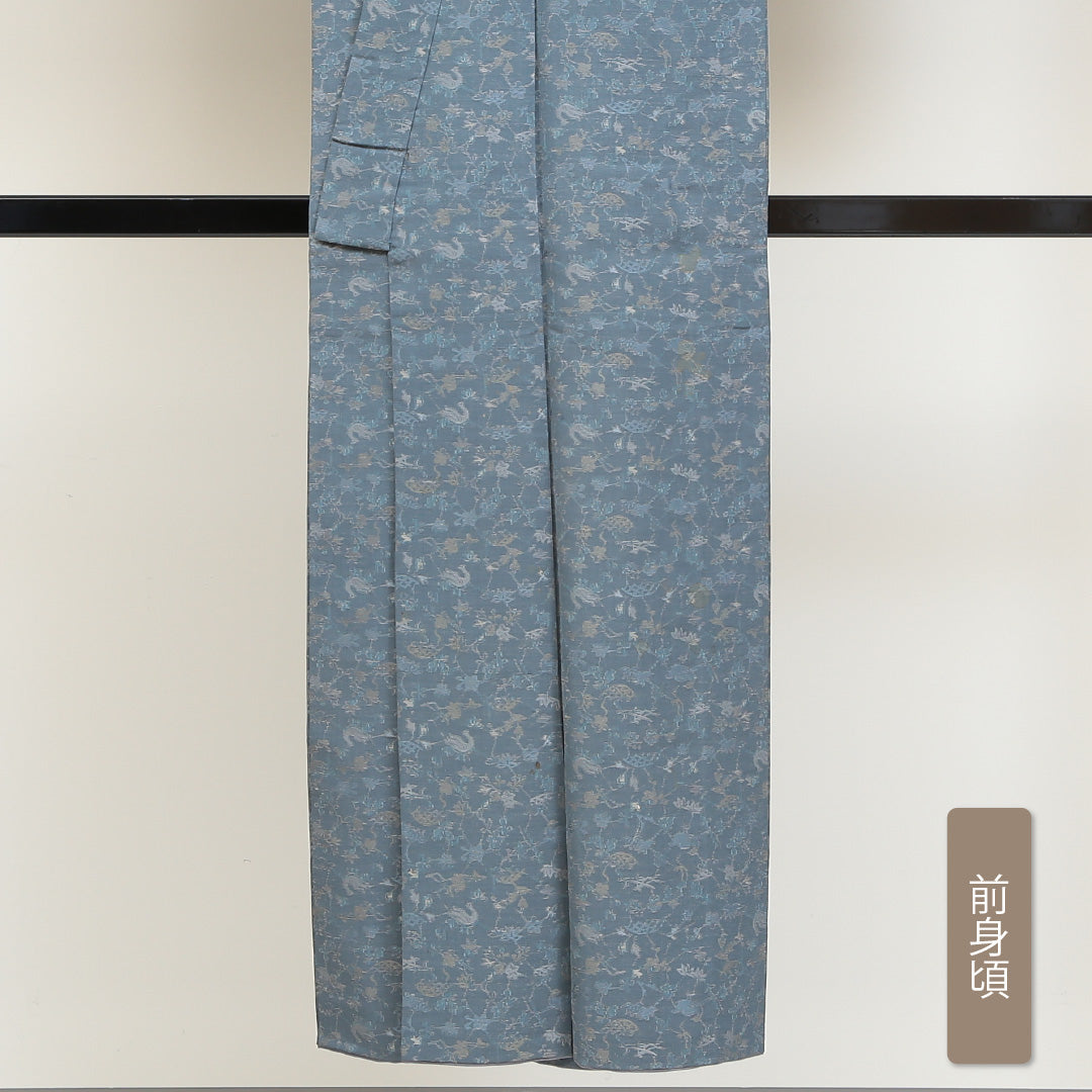 紬 袷 身丈147cm 裄丈63cm 正絹 Aランク XSサイズ 広衿 カジュアル 花鳥風月 青系 1216-02829