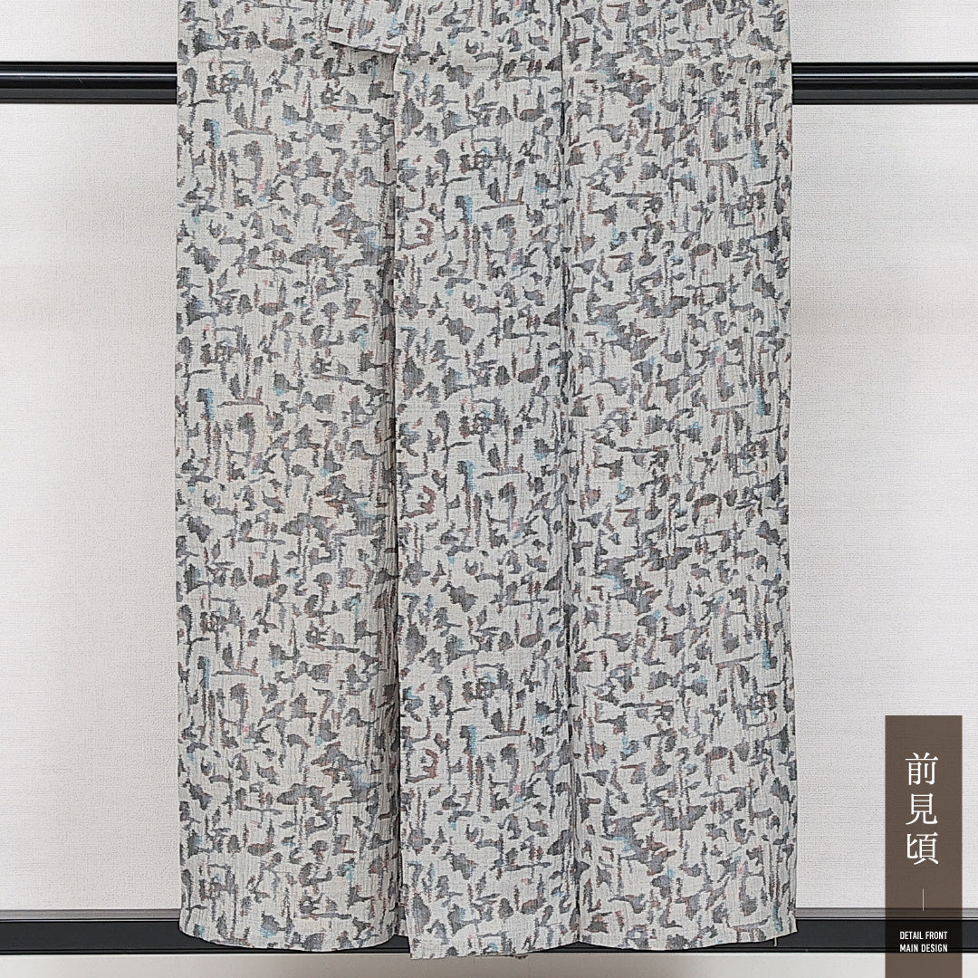 紬 夏物 洗える着物 身丈152cm 裄丈64cm Cランク 麻 バチ衿 Sサイズ カジュアル 創作柄 可憐 落ち着き グレー系 1216-14548