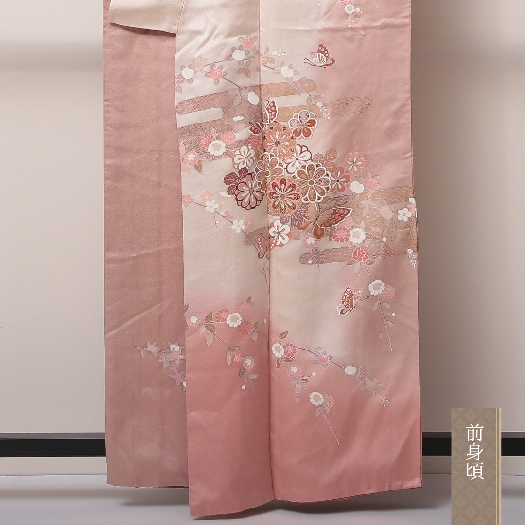 訪問着 袷 身丈155~159cm 裄65cm 正絹 花や蝶 金彩 エ霞 ピンク系 Aランク 1212-00598