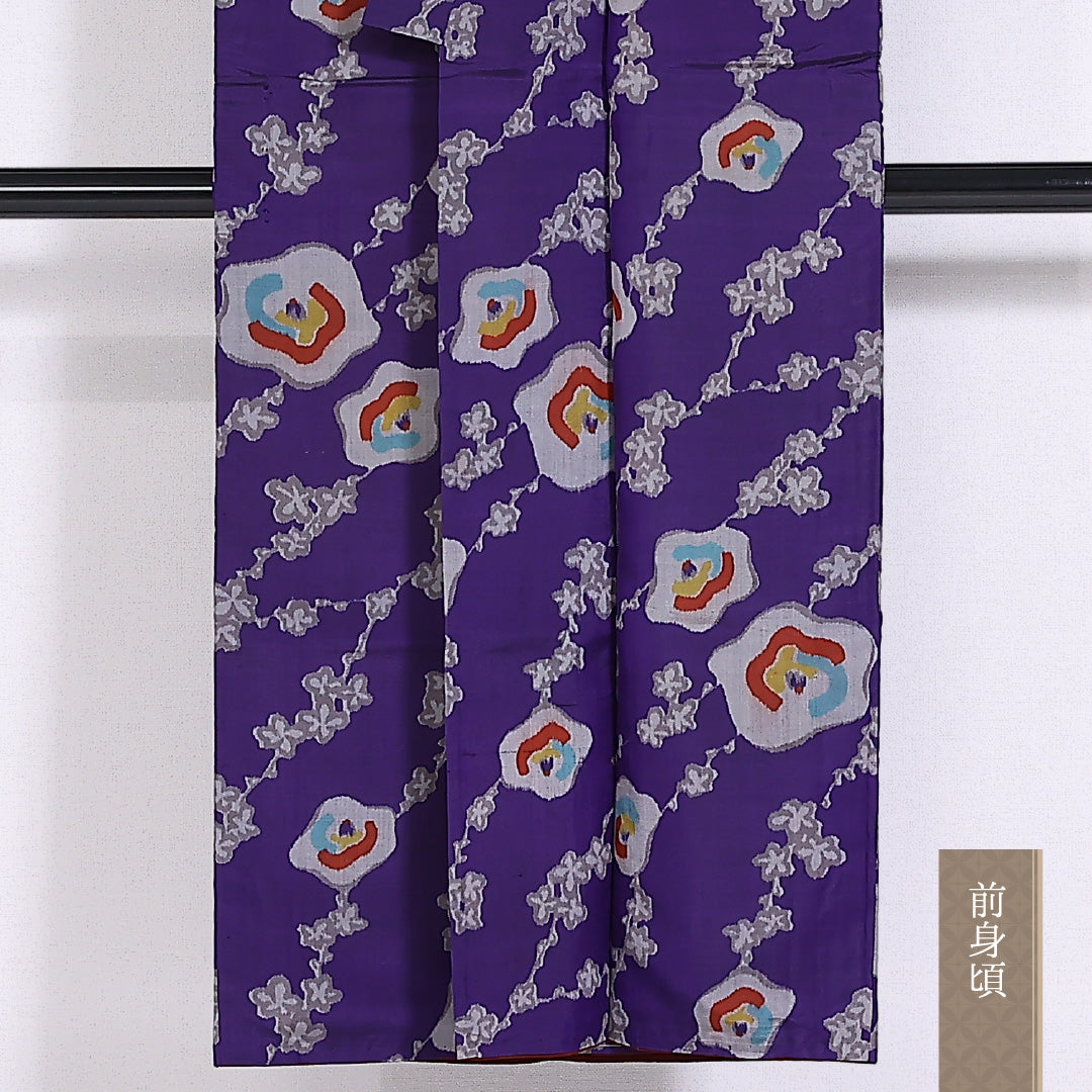 アンティーク 銘仙 紬 袷 身丈142cm 裄62.5cm 正絹 花柄 紫系 Dランク 1216-01432