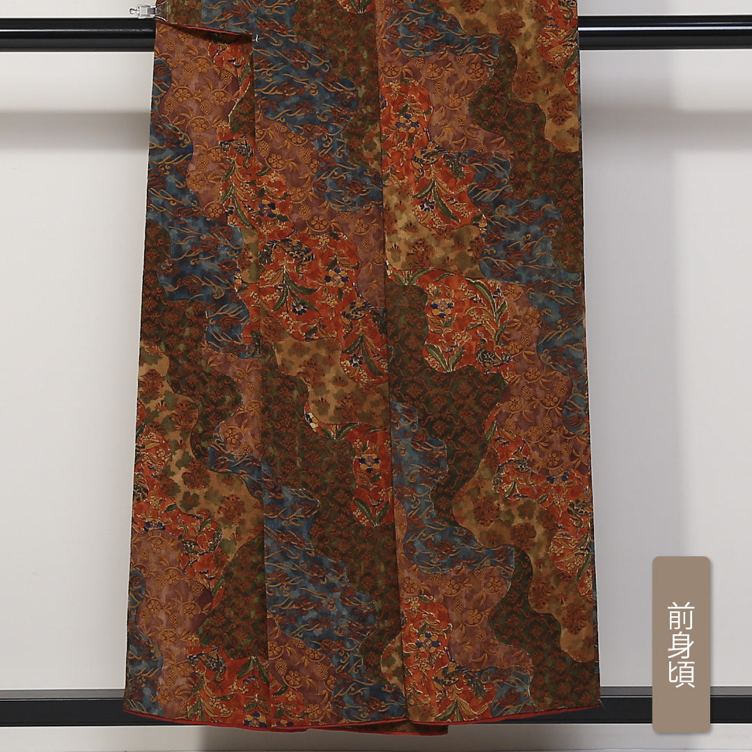 小紋 袷 身丈152cm 裄62cm 茶系 更紗 鬼縮緬 オリエンタル ボタニカル 正絹 Sランク 1215-01658-2214