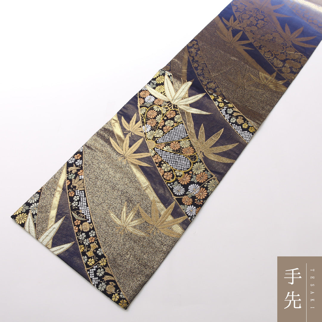 袋帯 帯丈424cm 正絹 全通 フォーマル 裂取り 吉祥文様 金系 黄系 1243-01675