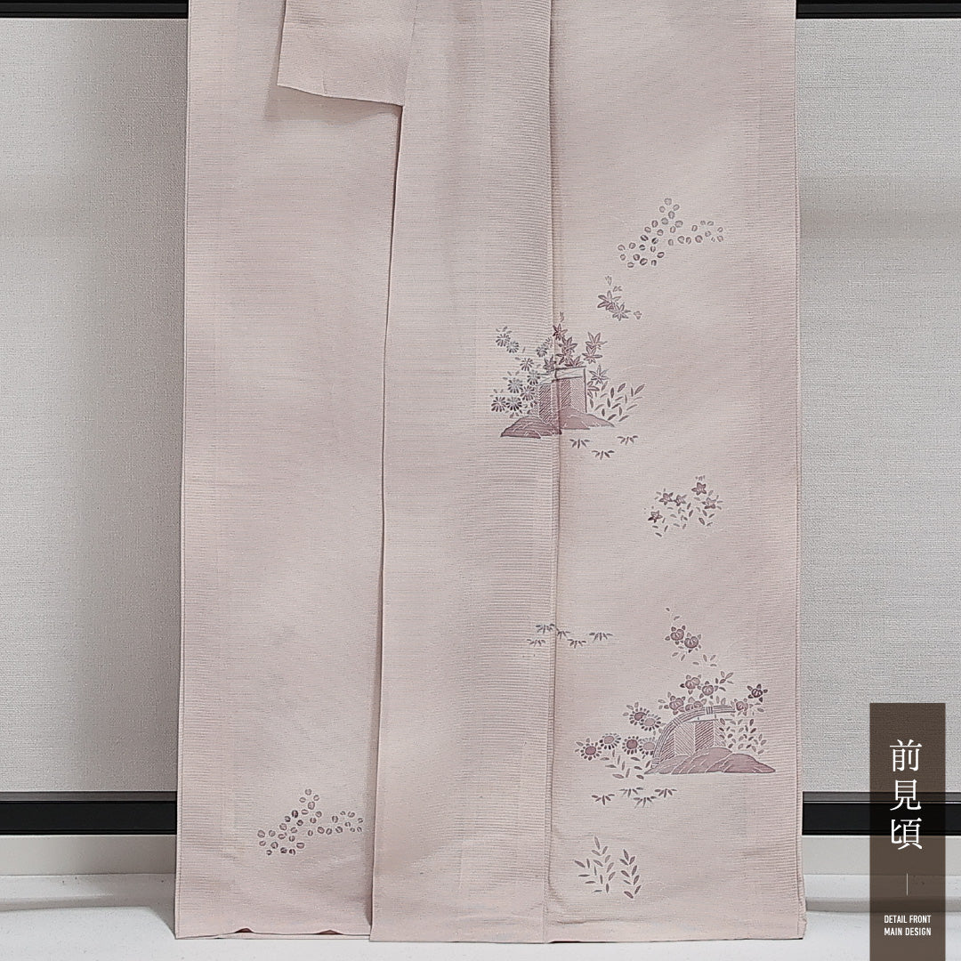 訪問着 (付下げ)絽 身丈163cm 裄丈63cm Aランク 正絹 広衿 Lサイズ セミフォーマル 檜垣 上品 落ち着き 紫系 クリーム系 1212-14273