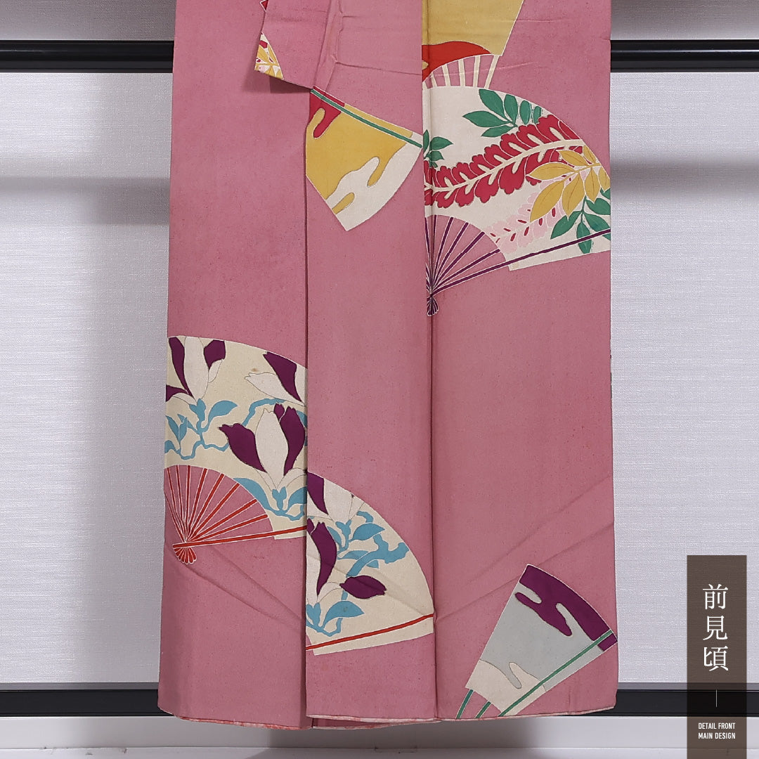 アンティーク 小紋 袷 身丈152cm 裄丈64cm 正絹 Cランク バチ衿 Sサイズ 扇 ピンク系 M4 1221-11814