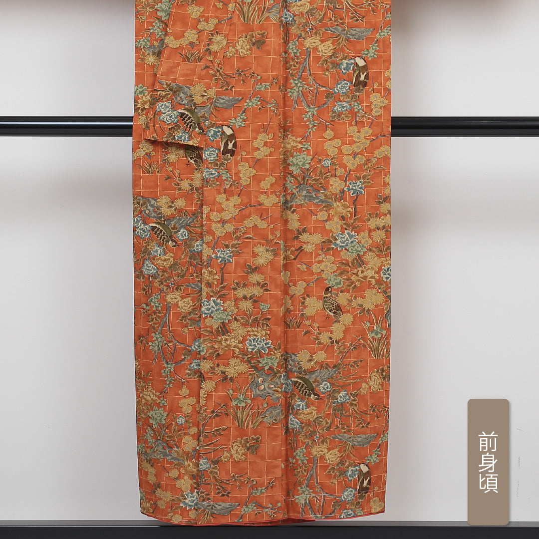 小紋 袷 身丈149cm 裄丈64cm 正絹 Sランク インフォーマル 広衿 XSサイズ しつけ糸 鳥 格子 菊 朱系 RP 1221-01337