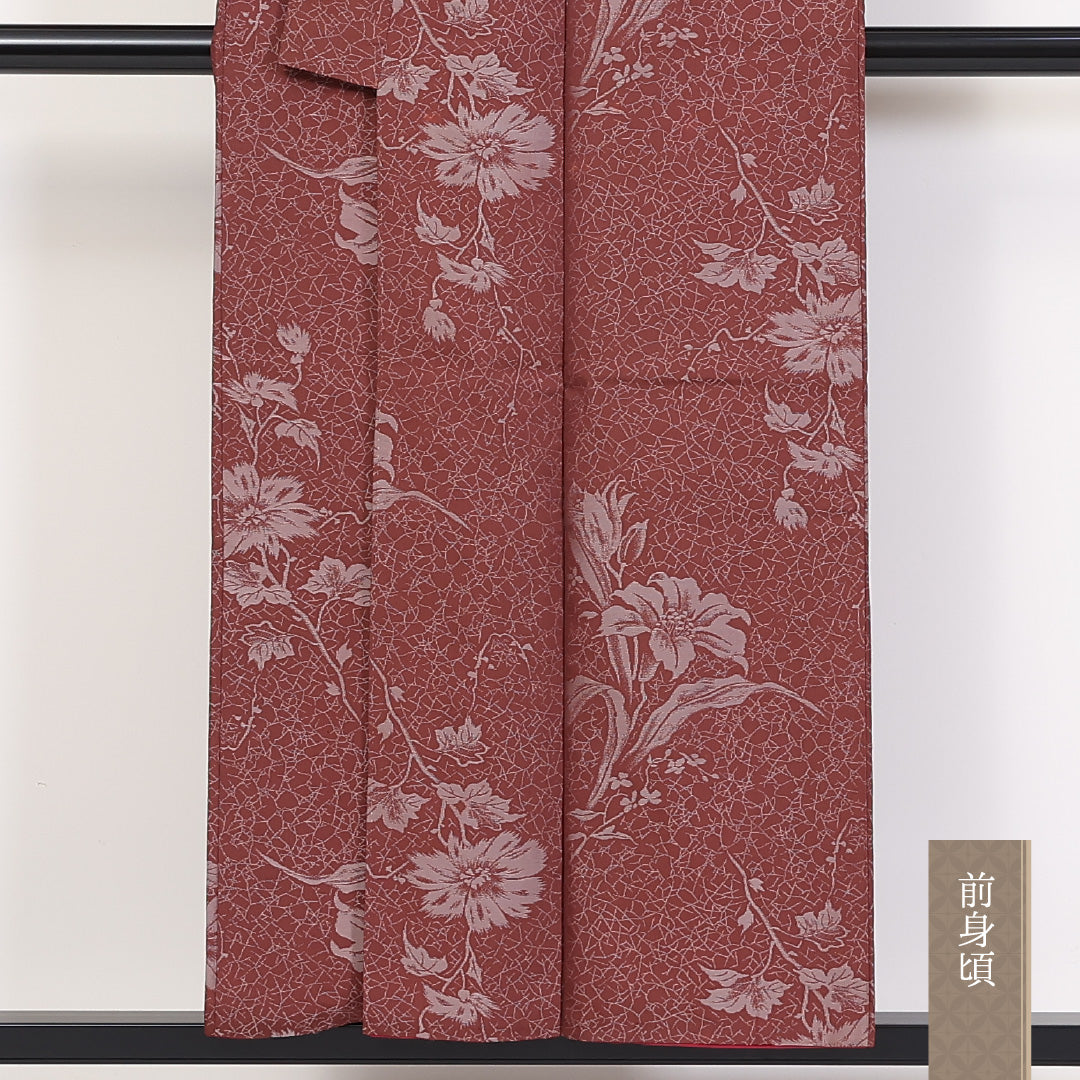アンティーク お召 袷 身丈152cm 裄63cm 正絹 百合や撫子 朱系 Bランク 1216-01256