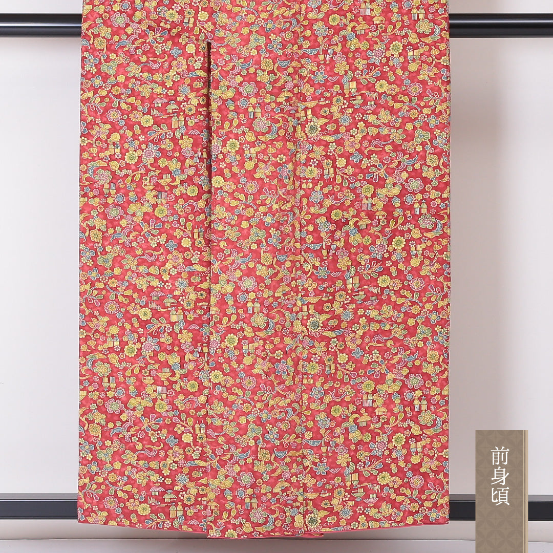 小紋 袷 身丈154cm 裄丈62cm 正絹 Sランク インフォーマル 広衿 Sサイズ 花柄 赤系 RP 1221-02026