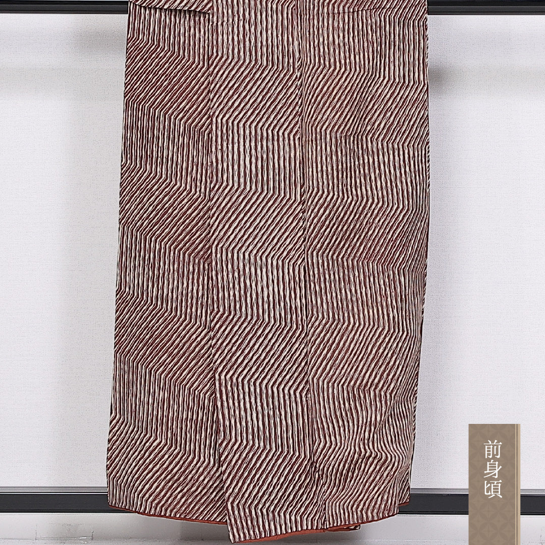 小紋 袷 身丈153cm 裄丈64cm 正絹 Aランク インフォーマル バチ衿 Sサイズ よろけ縞 茶系 HP 1221-10496