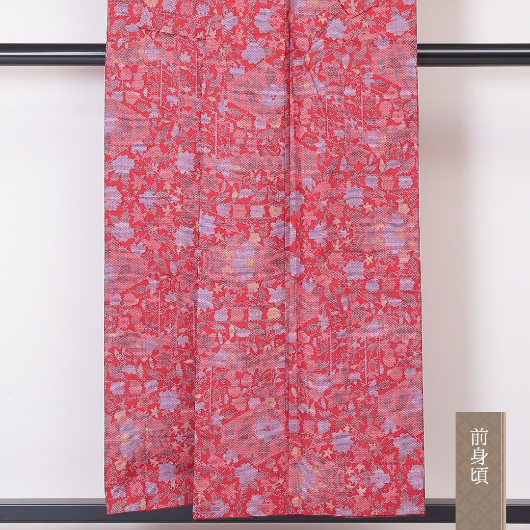 大島紬 袷 身丈153cm 裄丈63cm 正絹 Sランク インフォーマル 広衿 Sサイズ 経緯絣 花柄 植物柄 赤系 RP 1223-03422