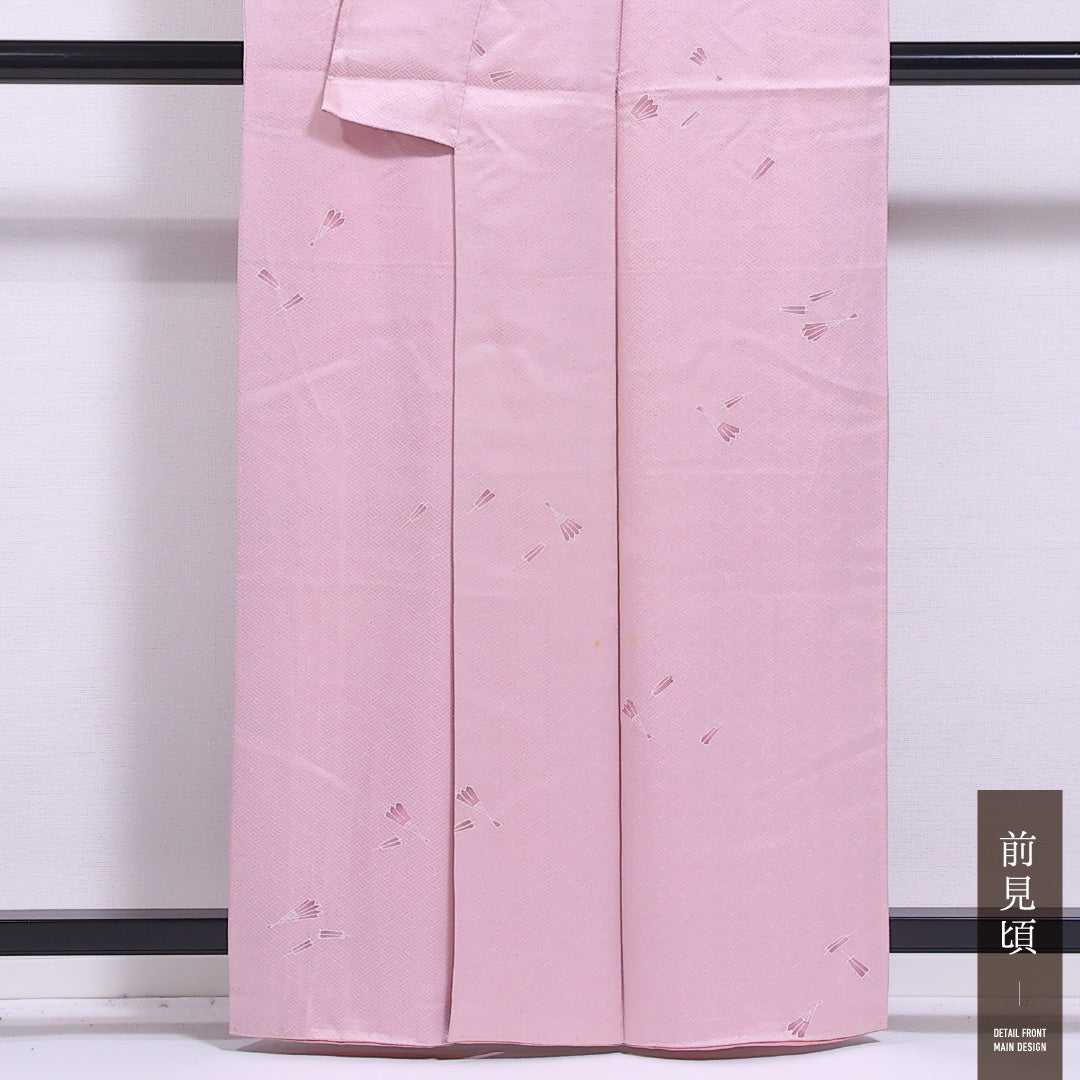色無地 袷 身丈161cm 裄丈62cm 正絹 Cランク 一つ紋 (五三桐) セミフォーマル 広衿 Lサイズ 創作柄 ピンク系 HP 1219-11548