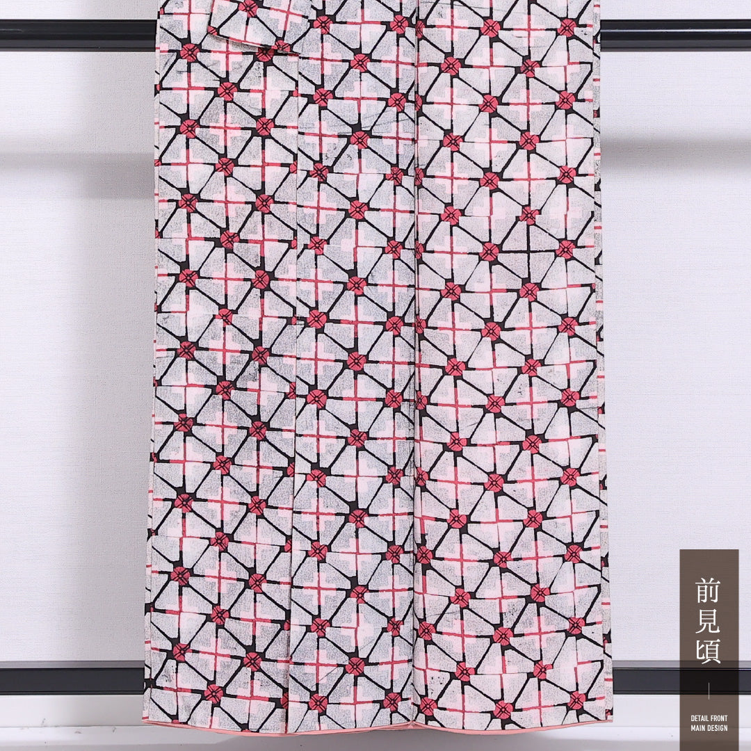 小紋 袷 身丈159cm 裄丈63cm 正絹 Aランク インフォーマル 広衿 Mサイズ 格子 梅 グレー系 HP 1221-11582