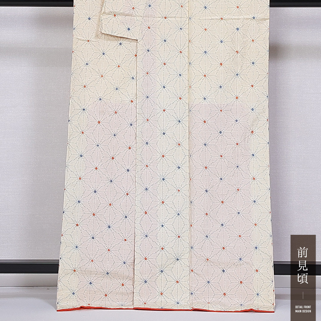 小紋 袷 身丈166cm 裄丈64cm 正絹 Aランク インフォーマル 広衿 XLサイズ 麻の葉 ベージュ系 RP 1221-11355