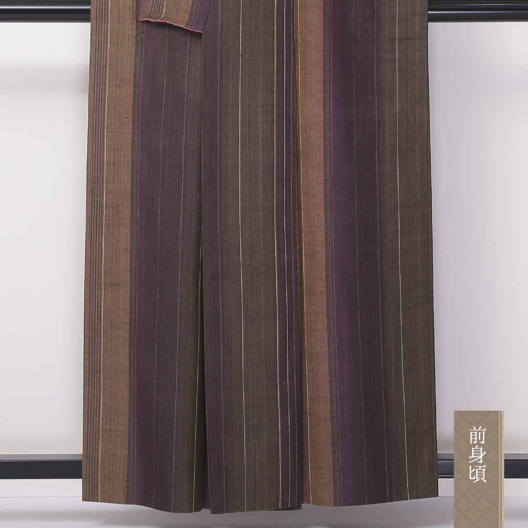 牛首紬 胴抜き 身丈157cm 裄丈68cm 正絹 Aランク インフォーマル 広衿 Mサイズ 縞 緑系 M4 1223-03590