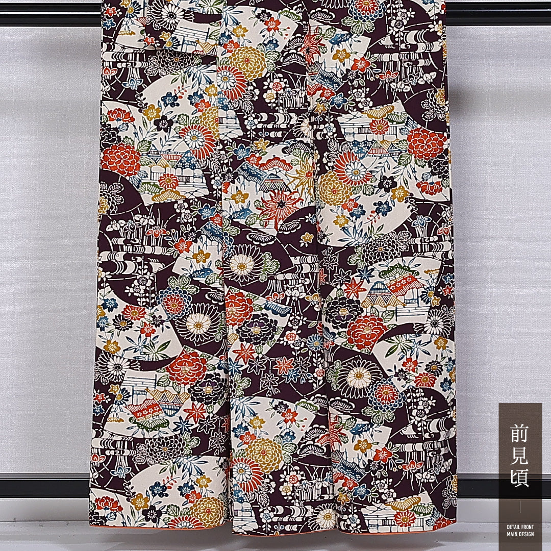 小紋 袷 身丈158cm 裄丈64cm 正絹 Aランク インフォーマル 広衿 Mサイズ 花扇 茶屋辻 紫系 RP 1221-11268