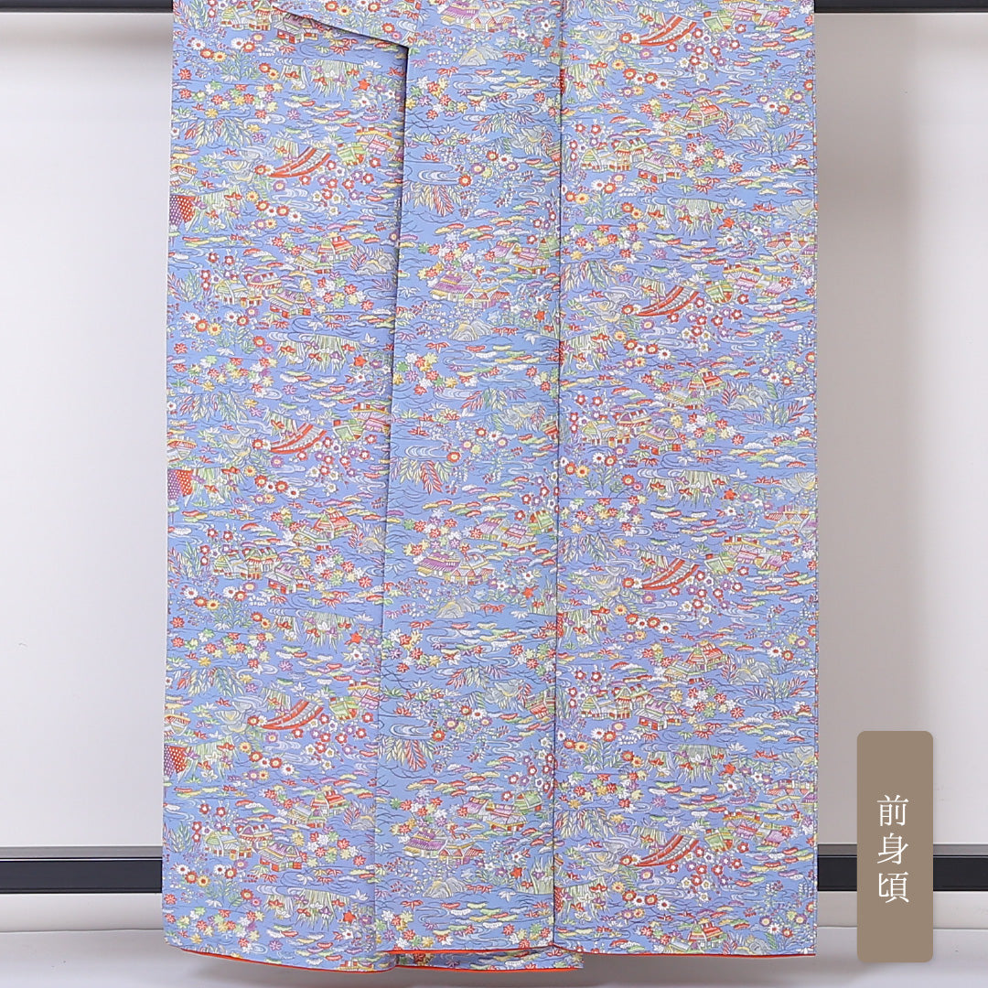 小紋 袷 身丈158cm 裄丈62cm 正絹 Aランク インフォーマル 広衿 Mサイズ 茶屋辻 水色系 RP 1221-01960
