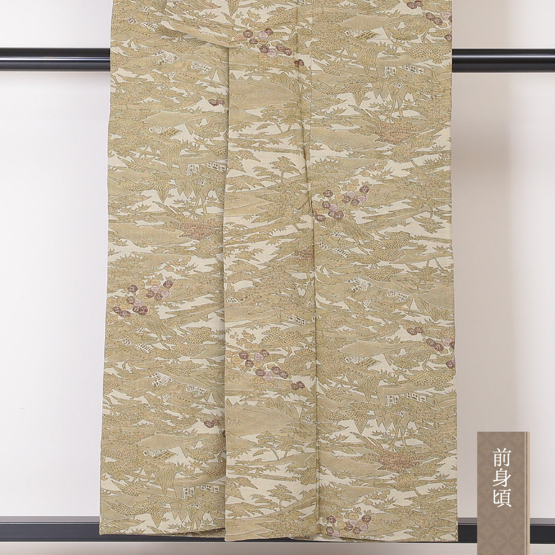 洗える着物 紬 単衣 身丈153cm 裄丈62cm ポリエステル Sランク カジュアル 広衿 Sサイズ 茶屋辻 ベージュ系 RP 1223-03393