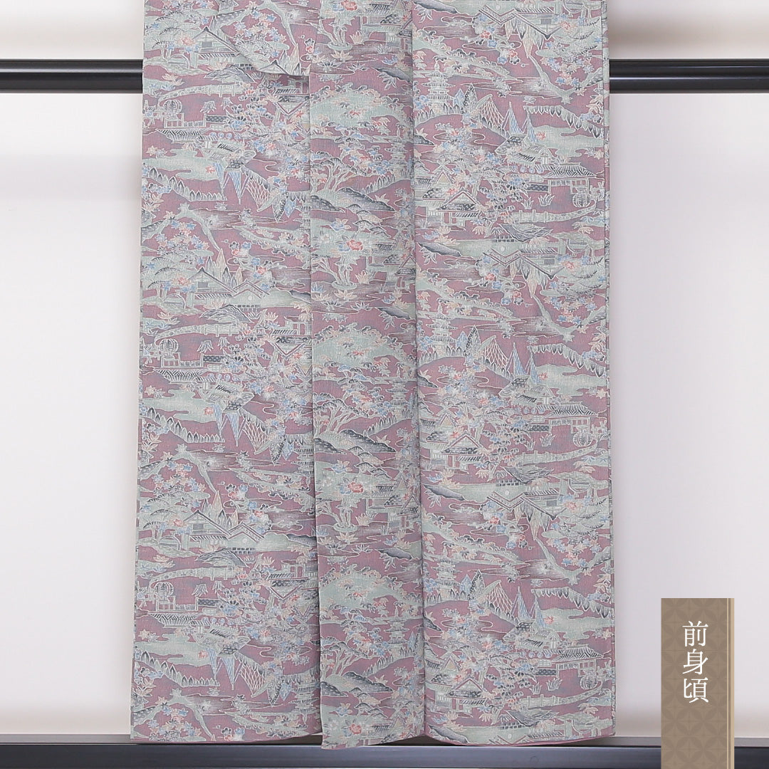 小紋 袷 身丈150cm 裄62cm 正絹 京紅型 御所解 紫系 ちりめん Bランク 1215-02267
