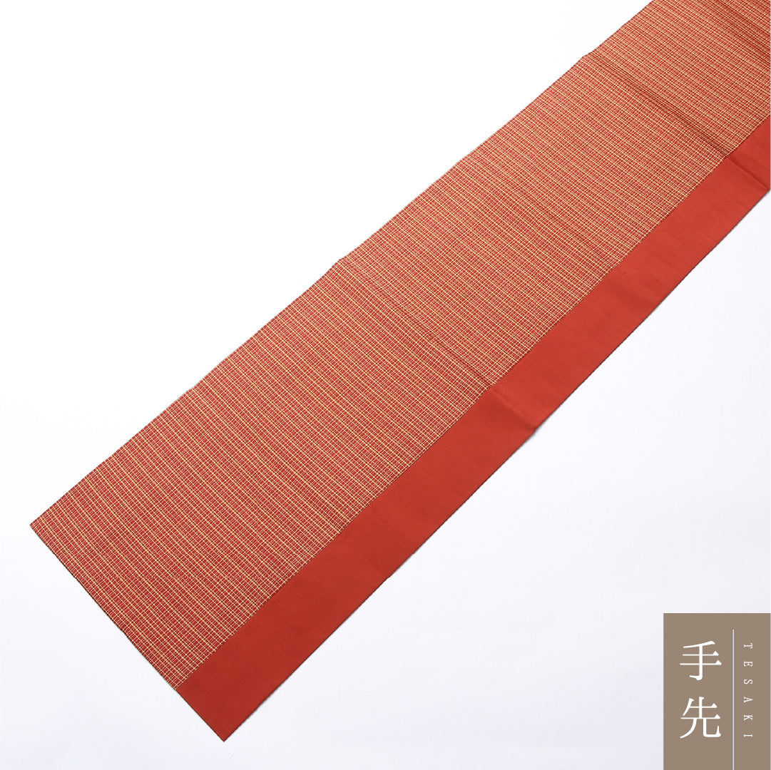 未使用品 九寸名古屋帯 Nランク 帯丈364cm 正絹 全通 開き仕立て 織り カジュアル しつけ糸 紬 創作柄 朱系 GP 1245-02498