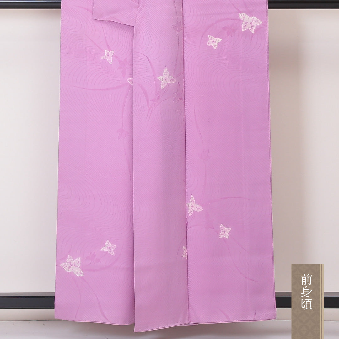 小紋 袷 身丈157cm 裄丈63cm 正絹 Aランク 紋意匠 (百合) インフォーマル 広衿 Mサイズ 花柄 ピンク系 RP 1221-02143