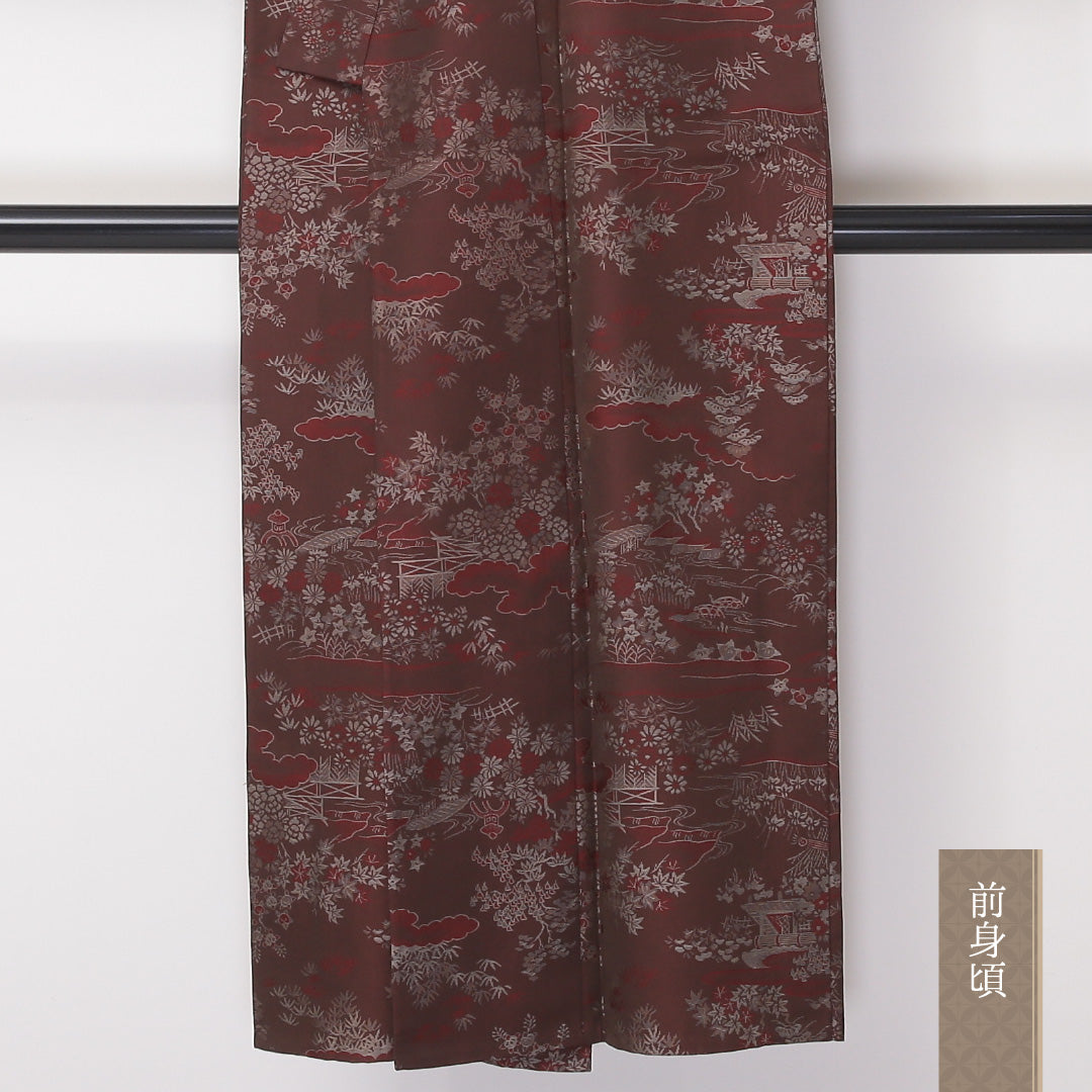 アンティーク お召 単衣 身丈141cm 裄丈63cm 正絹 Aランク バチ衿 XSサイズ 茶屋辻 茶系 RP 1222-03447