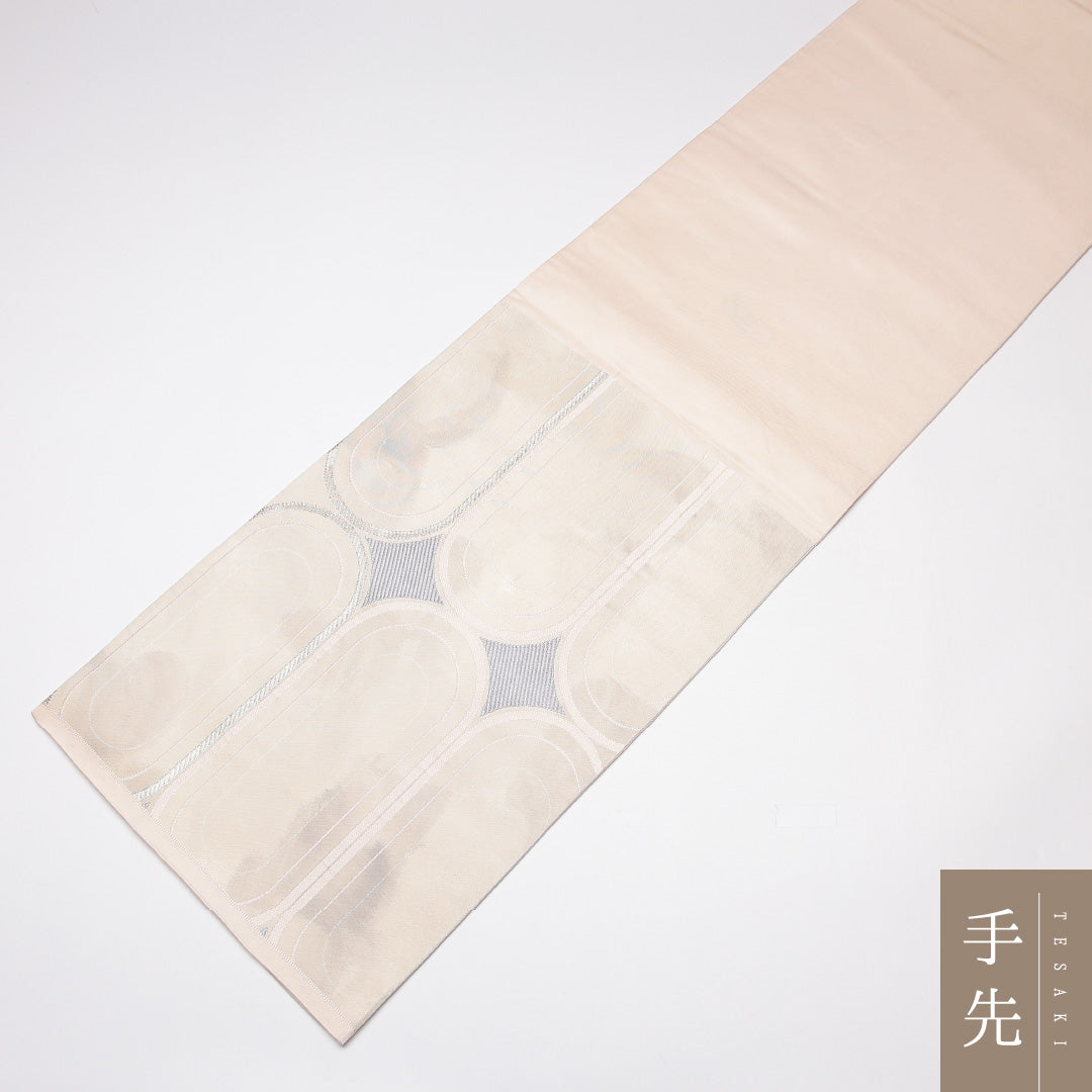 袋帯 帯丈420cm 正絹 六通 セミフォーマル 幾何学柄 白系 1243-01228