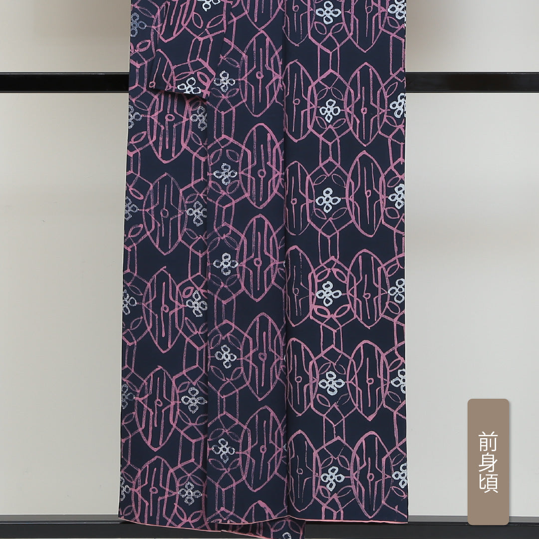 小紋 袷 身丈152cm 裄丈63cm 正絹 Aランク インフォーマル 広衿 Sサイズ 創作柄 ピンク系 RP 1221-01004