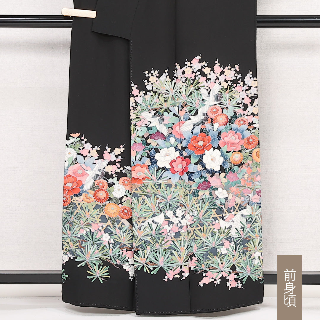 黒留袖 五つ紋 木瓜 香峯 身丈160cm 裄丈64.5cm Cランク 正絹 袷 比翼 広衿 L 落款 加賀友禅 鶴 牡丹 フォーマル 華やか 気品 黒系 1211-F0586