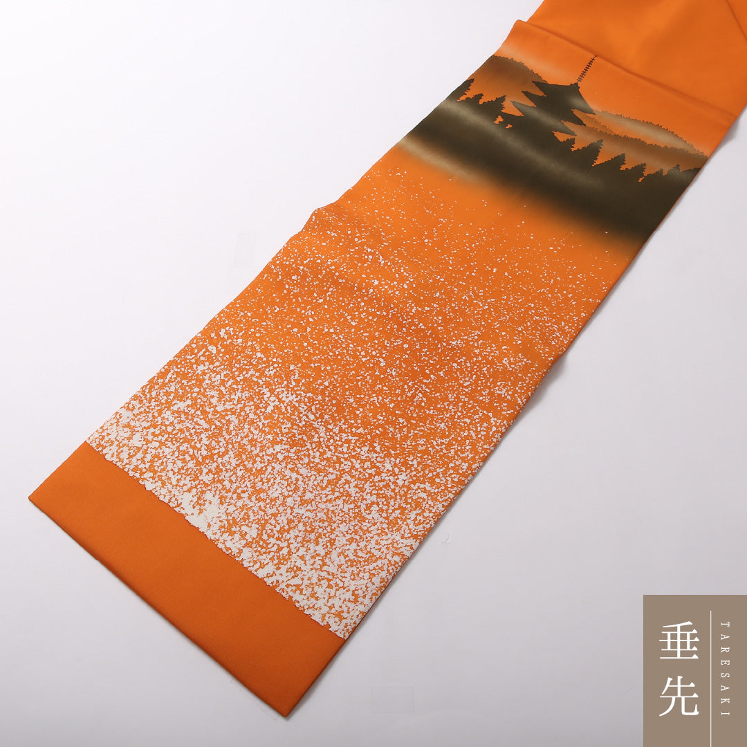 九寸名古屋帯 Sランク 帯丈364cm 正絹 ポイント柄 名古屋仕立て 染め セミフォーマル 塩瀬 京洛百景 朱系 LP 1245-03111