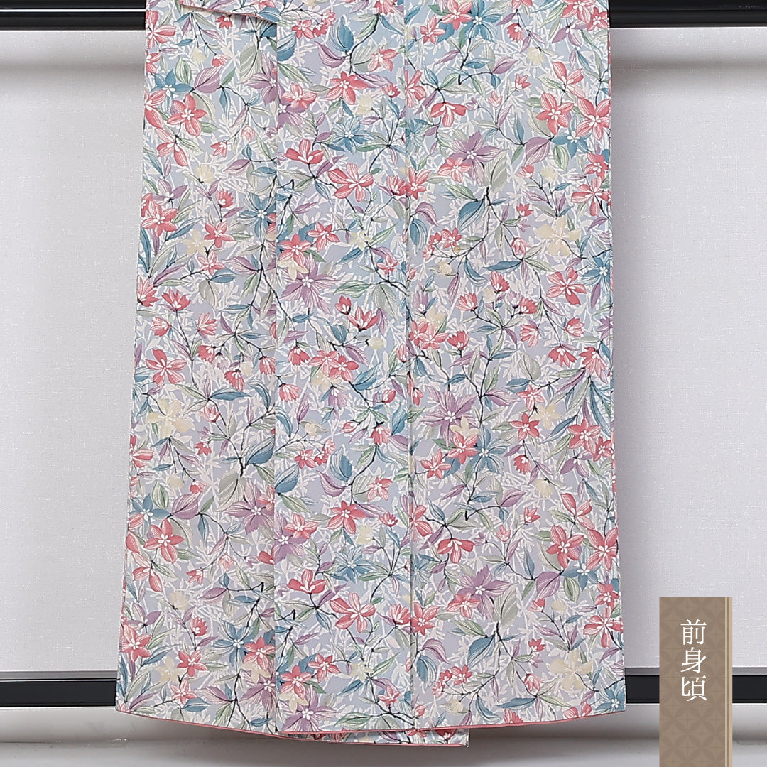 小紋 袷 身丈155cm 裄61.5cm 正絹 花柄 ボタニカル ちりめん 水色系 Aランク 1215-02447