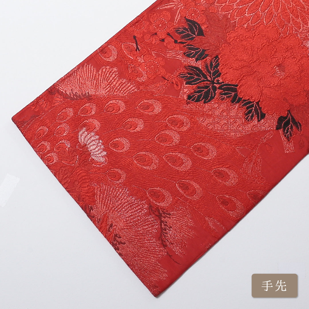 アンティーク 丸帯 帯丈374cm 全通 孔雀 牡丹 菊 吉祥文様 フォーマル 赤系 正絹 Aランク 1223-00726