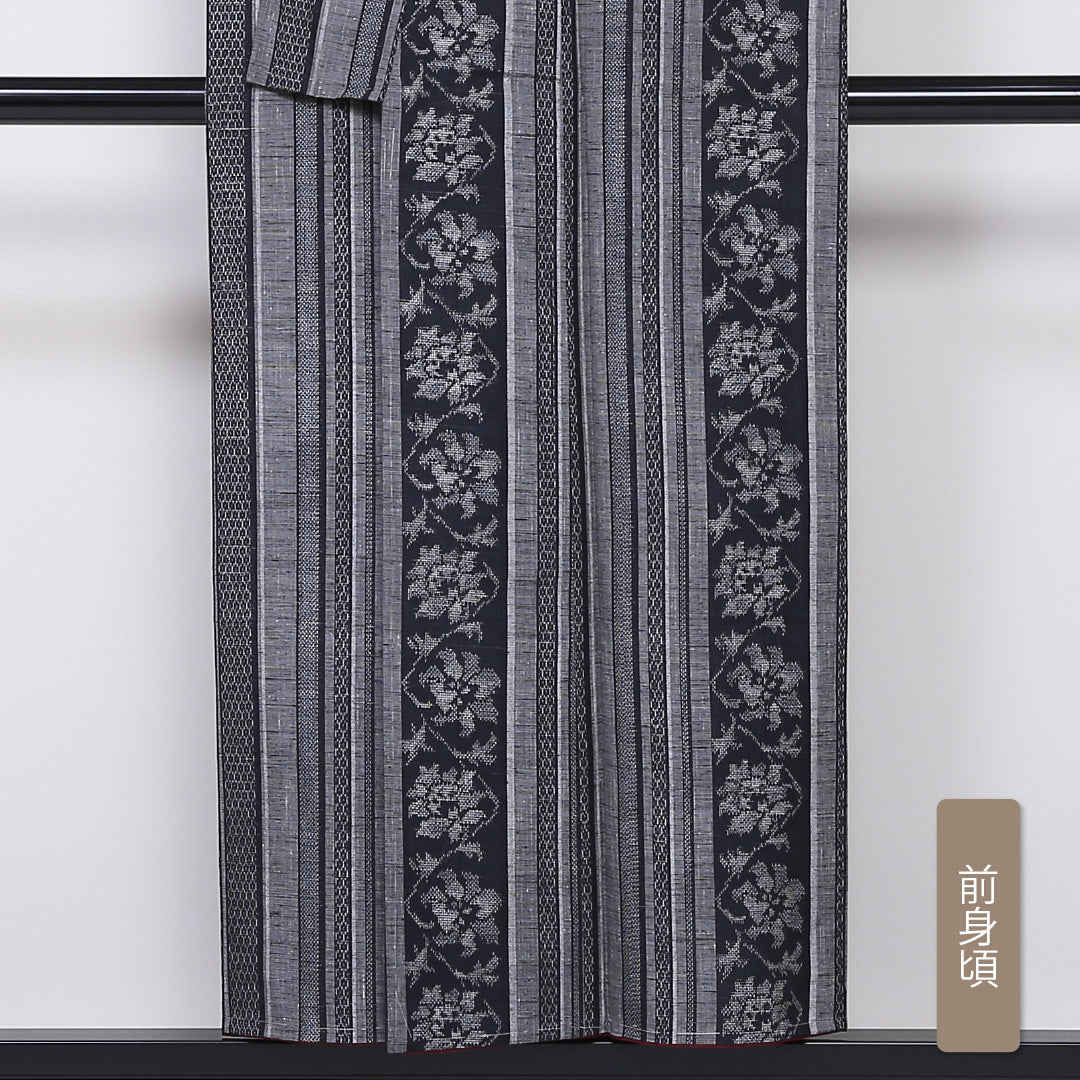 紬 袷 身丈151cm 裄丈64cm 正絹 Sランク カジュアル 広衿 Sサイズ 縞 アラベスク文様 グレー系 PO 1223-03150