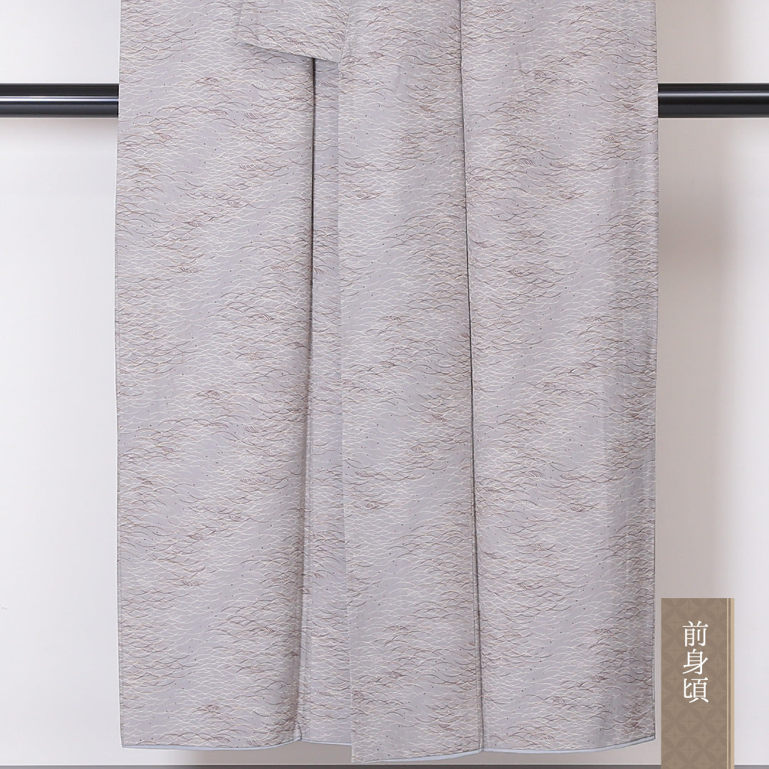 小紋 袷 身丈147cm 裄丈63cm 正絹 Aランク インフォーマル 広衿 XSサイズ 露芝草 グレー系 RP 1221-01998