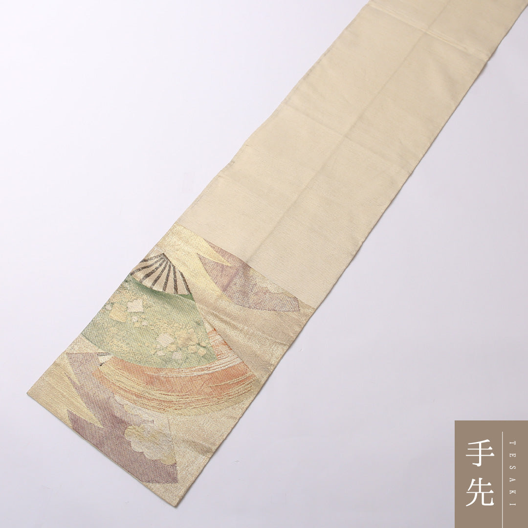 袋帯 帯丈432cm 六通 未仕立て フォーマル Aランク 正絹 雲取り 扇 古典的 落ち着き 金系 1223-01610