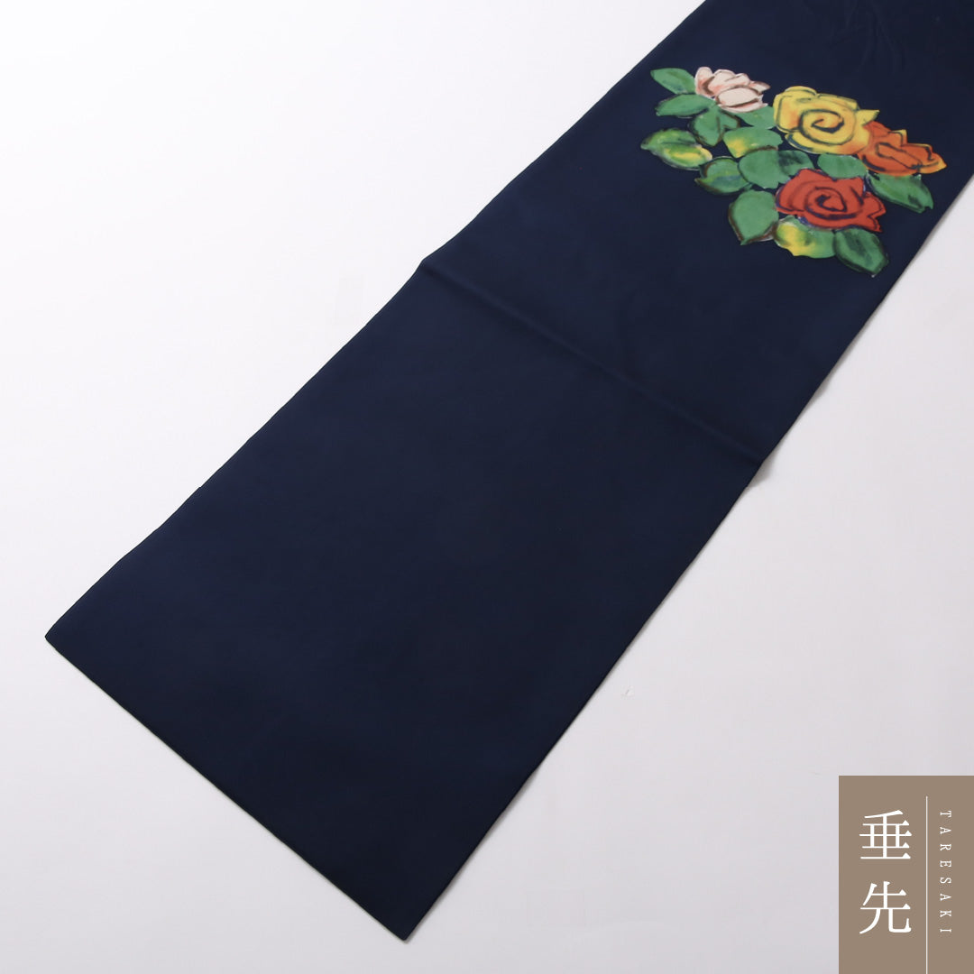 九寸名古屋帯 Sランク 帯丈380cm 正絹 ポイント柄 名古屋仕立て 染め インフォーマル 塩瀬 薔薇 紺系 RP 1245-02918