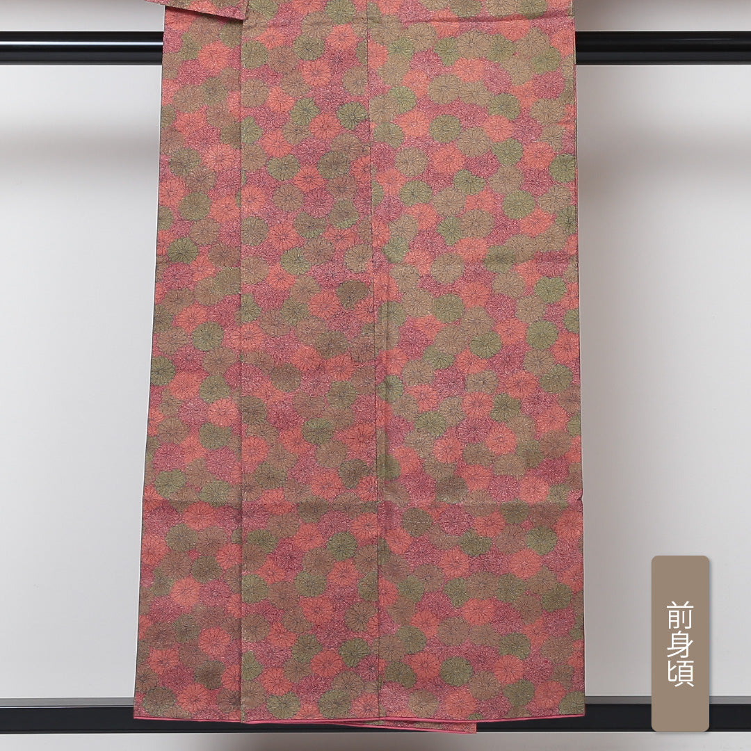 小紋 袷 身丈152cm 裄丈63cm 正絹 Aランク インフォーマル 広衿 Sサイズ 花柄 ピンク系 HP 1221-01510
