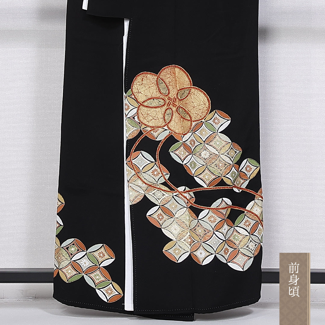 黒留袖 身丈158cm 裄丈66cm 袷 五つ紋 花菱 正絹 Bランク 広衿 七宝 金駒刺繍 1211-F0355