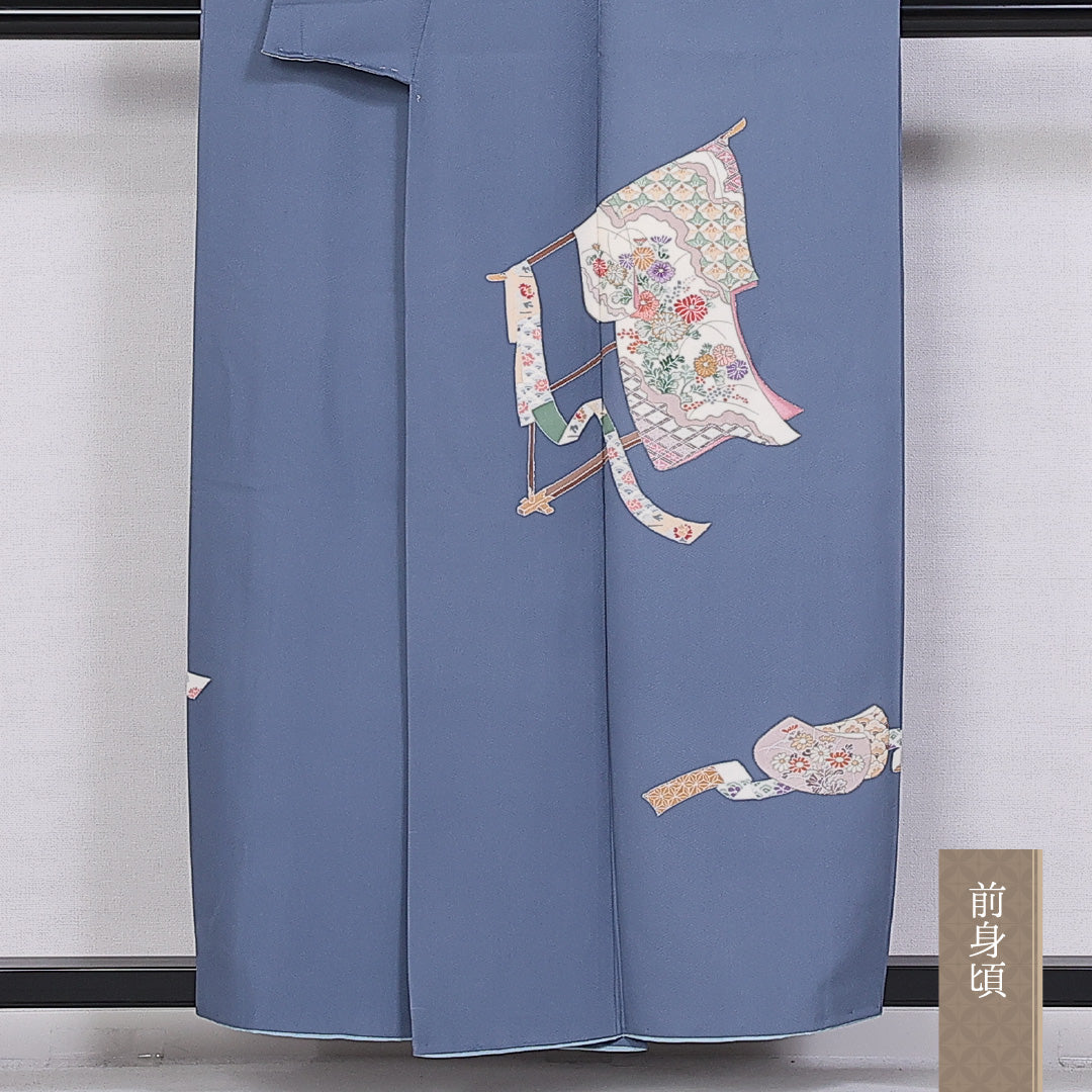 訪問着 袷 身丈154cm 裄丈62cm 正絹 Sランク 紋意匠 (紗綾型) セミフォーマル 広衿 Sサイズ 泰明 落款 几帳 菊 青系 RP 1217-10140