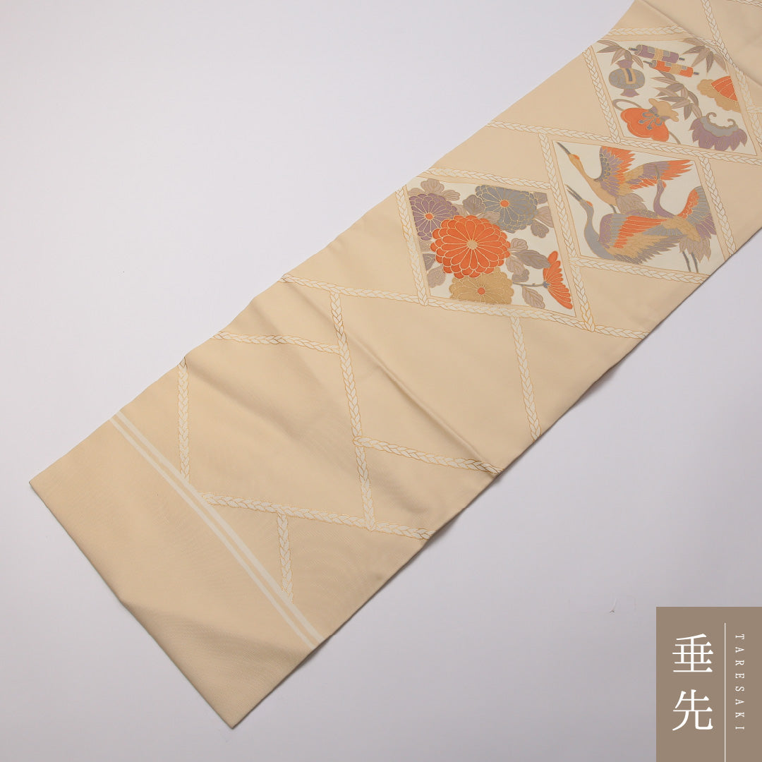 名古屋帯 ポイント柄 帯丈373cm カジュアル Sランク 正絹 笹 鶴 鼓 菱 菊 ベージュ系 1224-01762