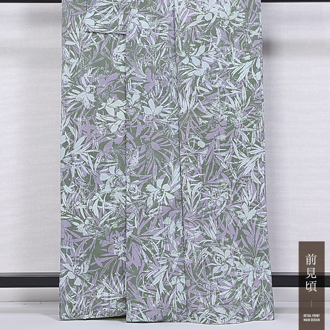 小紋 袷 身丈161cm 裄丈62cm 正絹 Bランク インフォーマル 広衿 Lサイズ 植物柄 緑系 RP 1221-11271